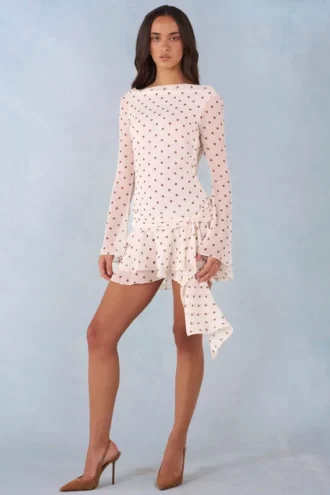 Robe courte à manches longues et dos nu Cendria, imprimé à pois ivoire