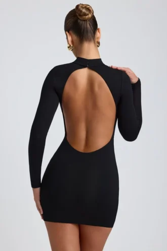 Robe courte à manches longues et dos nu Yara en modal noir