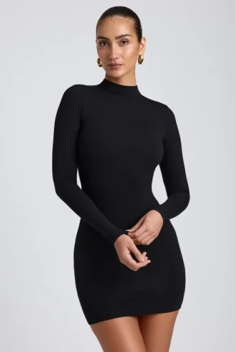 Robe courte à manches longues et dos nu Yara en modal noir