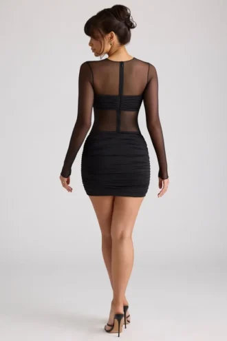 Robe courte à manches longues et empiècements transparents Essie, en noir
