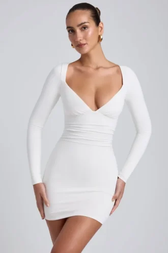 Robe courte à manches longues froncée en modal Sana, en blanc