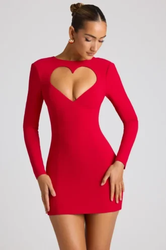 Robe courte à manches longues Luciana avec découpe en forme de cœur, couleur rouge feu