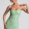 Robe courte moulante Aellin avec ornements, couleur pistache Robe courte moulante Aellin avec ornements, couleur pistache