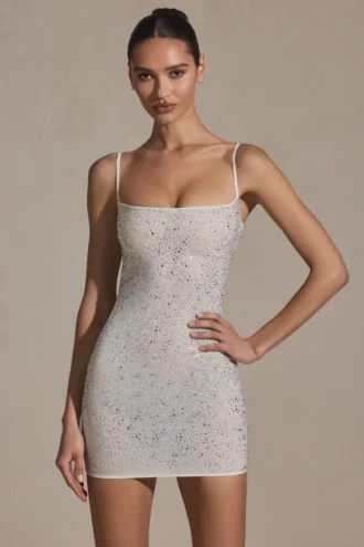 Robe courte moulante Aellin ornée, couleur blanc