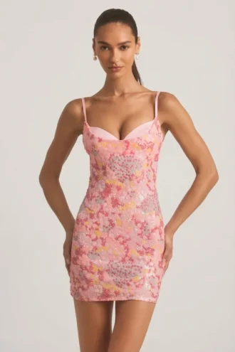 Robe courte moulante à bretelles ornée Velena, rose