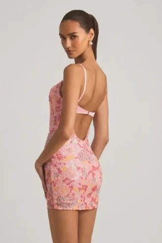 Robe courte moulante à bretelles ornée Velena, rose