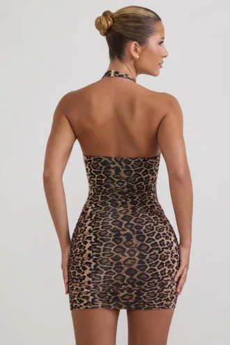Robe courte moulante à dos nu froncé Alena, motif léopard