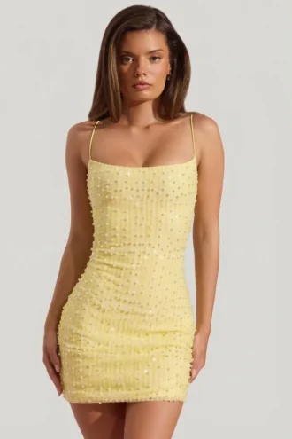 Robe courte moulante à encolure dégagée et ornements Lunetta, couleur jaune