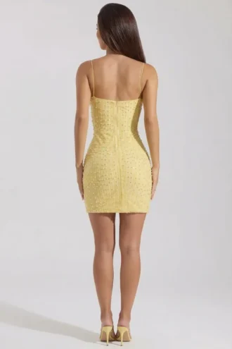 Robe courte moulante à encolure dégagée et ornements Lunetta, couleur jaune