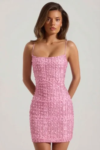 Robe courte moulante à encolure dégagée et ornements Lunetta, rose