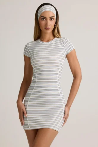 Robe courte moulante à manches courtes en modal Jazlyn à rayures bleues et jaunes