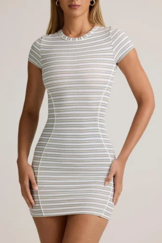 Robe courte moulante à manches courtes en modal Jazlyn à rayures bleues et jaunes