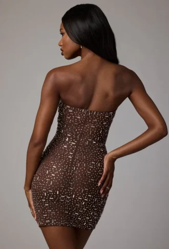 Robe courte moulante transparente ornée Caprice, couleur Deep Cocoa