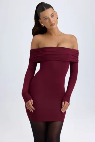 Robe courte à épaules dénudées Oriana en modal, couleur rouge vin