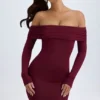 Robe courte à épaules dénudées Oriana en modal, couleur rouge vin Robe courte à épaules dénudées Oriana en modal, couleur rouge vin