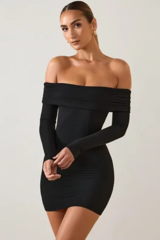 Robe courte à épaules dénudées Oriana en modal noir