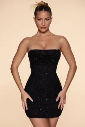 Robe courte sans bretelles à col bénitier et ornements Basel, en noir