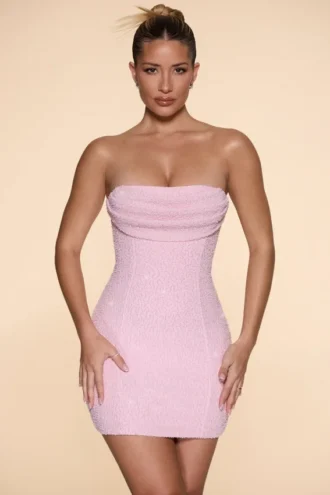 Robe courte sans bretelles à col bénitier ornée Basel, couleur Blush