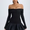 Robe courte Serra en modal à épaules dénudées et ourlet bouffant, couleur noir