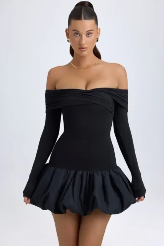 Robe courte Serra en modal à épaules dénudées et ourlet bouffant, couleur noir