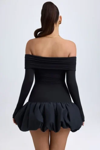 Robe courte Serra en modal à épaules dénudées et ourlet bouffant, couleur noir