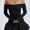 Robe courte Serra en modal à épaules dénudées et ourlet bouffant, couleur noir