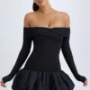Robe courte Serra en modal à épaules dénudées et ourlet bouffant, couleur noir