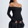 Robe courte Serra en modal à épaules dénudées et ourlet bouffant, couleur noir