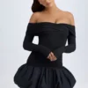 Robe courte Serra en modal à épaules dénudées et ourlet bouffant, couleur noir
