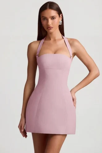 Robe courte structurée à col dos nu et coupe trapèze Odessa à fines rayures, couleur mauve