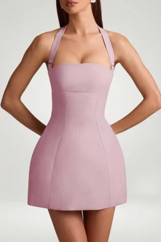 Robe courte structurée à col dos nu et coupe trapèze Odessa à fines rayures, couleur mauve