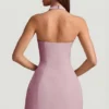 Robe courte structurée à col dos nu et coupe trapèze Odessa à fines rayures, couleur mauve
