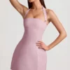 Robe courte structurée à col dos nu et coupe trapèze Odessa à fines rayures, couleur mauve