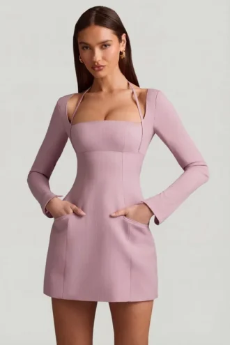 robe courte structure rayures fines ksenia coupe trapze couleur mauve 1 330x495 - Robe courte structur&eacute;e &agrave; rayures fines Ksenia, coupe trap&egrave;ze, couleur mauve
