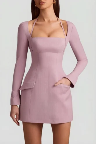 robe courte structure rayures fines ksenia coupe trapze couleur mauve 2 330x495 - Robe courte structur&eacute;e &agrave; rayures fines Ksenia, coupe trap&egrave;ze, couleur mauve