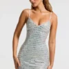 Robe courte Svana à col en V et coupe trapèze, ornée de détails, en argent