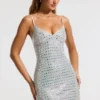 Robe courte Svana à col en V et coupe trapèze, ornée de détails, en argent