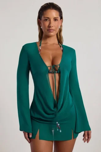 Robe courte transparente à col bénitier Vista ornée de perles, couleur vert jade