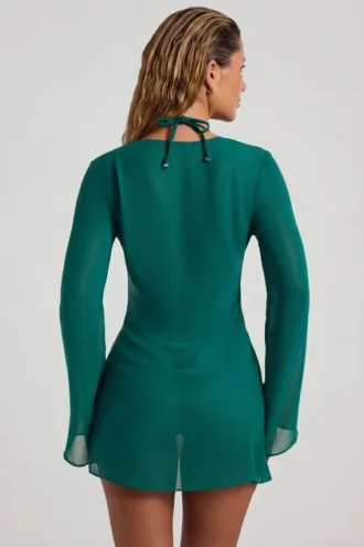 Robe courte transparente à col bénitier Vista ornée de perles, couleur vert jade