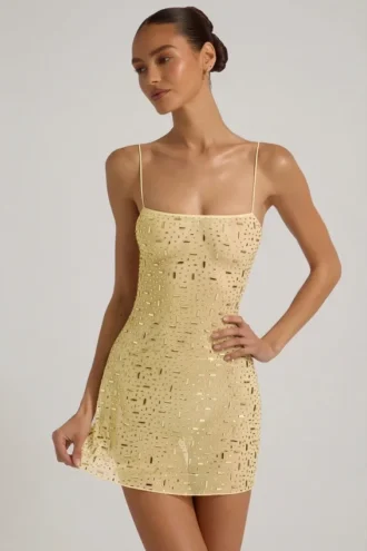 Robe courte transparente à encolure carrée et ornements Averie, couleur jaune