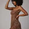 Robe courte transparente à encolure dégagée et ornements Durrani, couleur moka Robe courte transparente à encolure dégagée et ornements Durrani, couleur moka