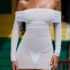 Robe courte transparente à épaules dénudées Nemba, couleur blanche Robe courte transparente à épaules dénudées Nemba, couleur blanche