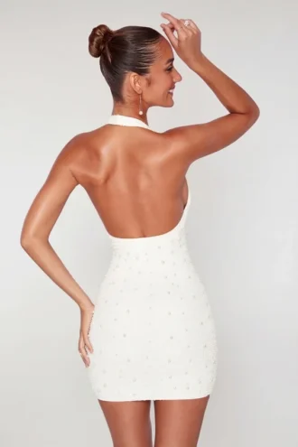 Robe courte Versailles à décolleté plongeant et ornements, en blanc