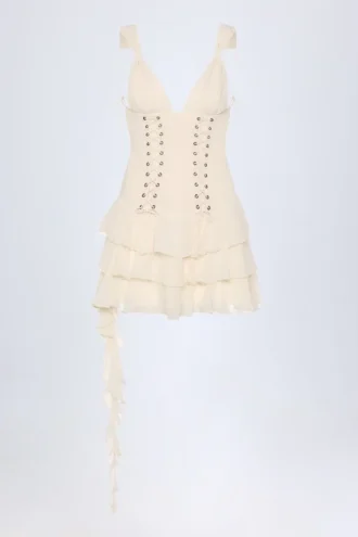 Robe courte à volants superposés et lacets Toren, couleur ivoire