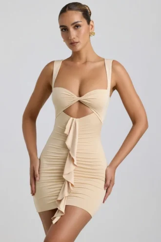 Robe courte Zivanka en jersey fluide avec découpes et bordure à volants, couleur crème