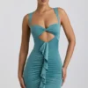 Robe courte Zivanka en jersey fluide avec découpes et volants, couleur vert d&rsquo;eau