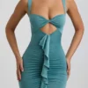 Robe courte Zivanka en jersey fluide avec découpes et volants, couleur vert d&rsquo;eau