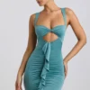 Robe courte Zivanka en jersey fluide avec découpes et volants, couleur vert d&rsquo;eau