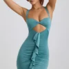 Robe courte Zivanka en jersey fluide avec découpes et volants, couleur vert d&rsquo;eau