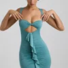 Robe courte Zivanka en jersey fluide avec découpes et volants, couleur vert d&rsquo;eau